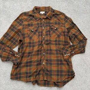 Tecovas Plaid Pearl Snap Shirt Mens XXL 2XL Brown Western Button Up Cowboy Texas